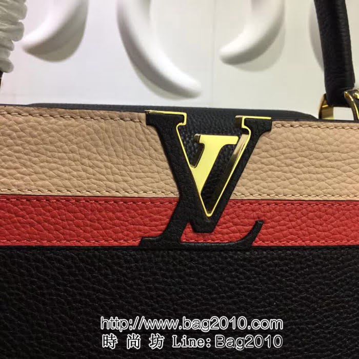 路易威登LV頂級原單 M48869黑色/條紋 經典Capucines中號牛皮手提斜挎包 YDH1690